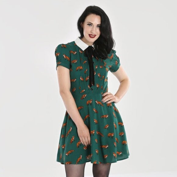 Hell Bunny “Vixey” Fox-Print Mini Dress – Dark Green – Women’s M - Picture 1 of 6